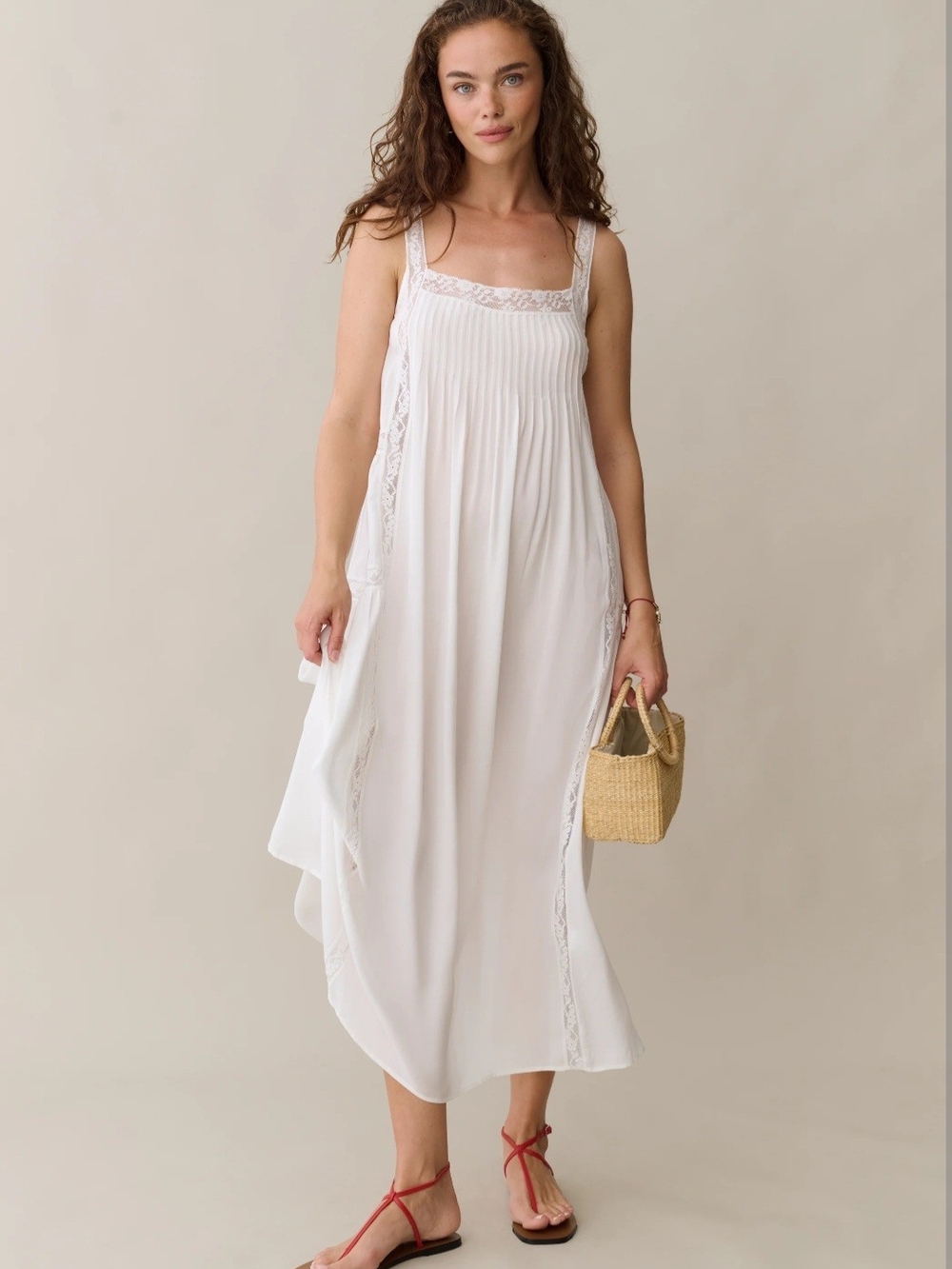 Few Moda Flowing White Lace-Trim Midi Dress